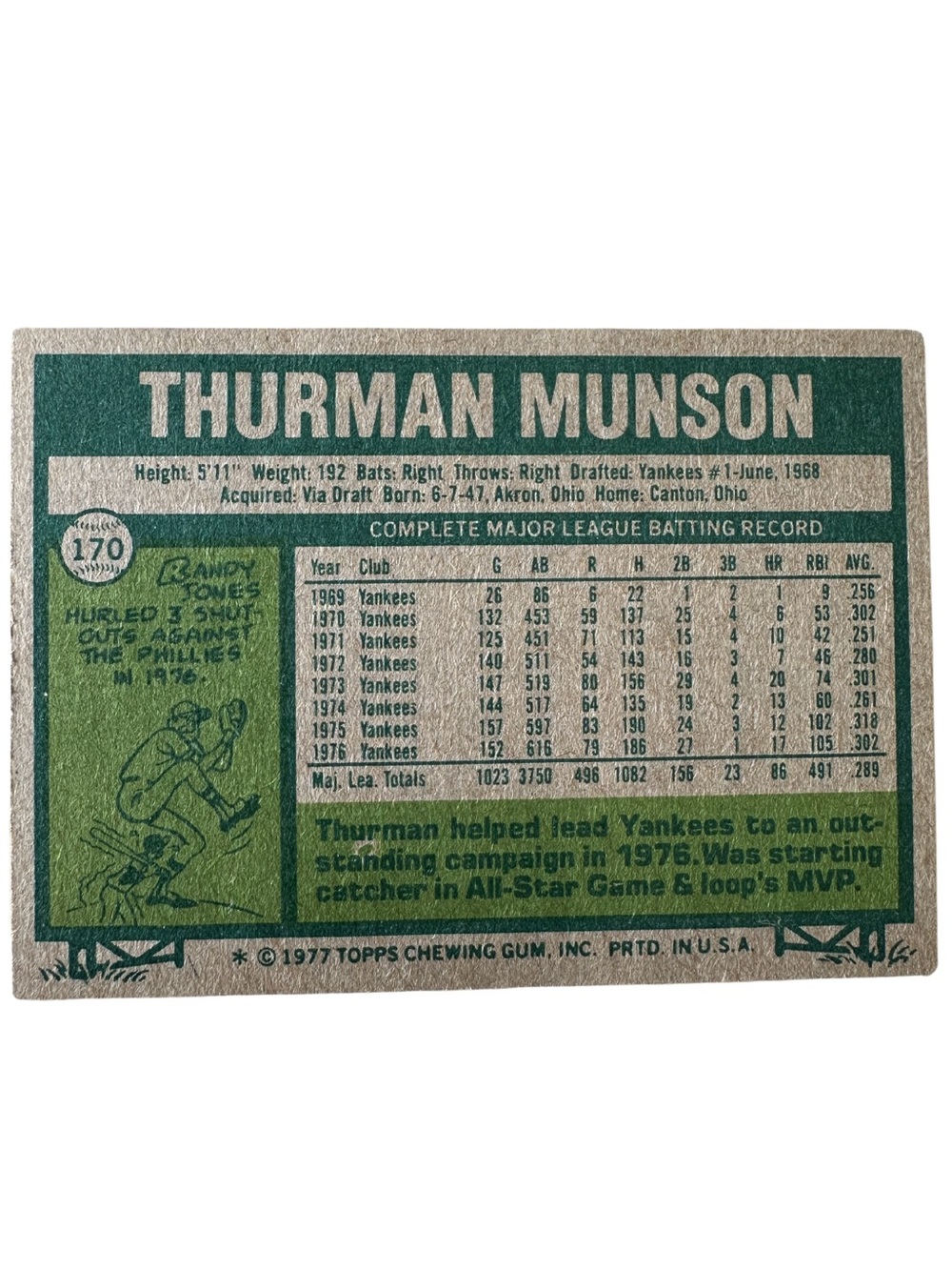 1977 Topps Thurman Munson #570 A.L. All-Star NY Yankees Vintage Baseball Card - Picture 2 of 2